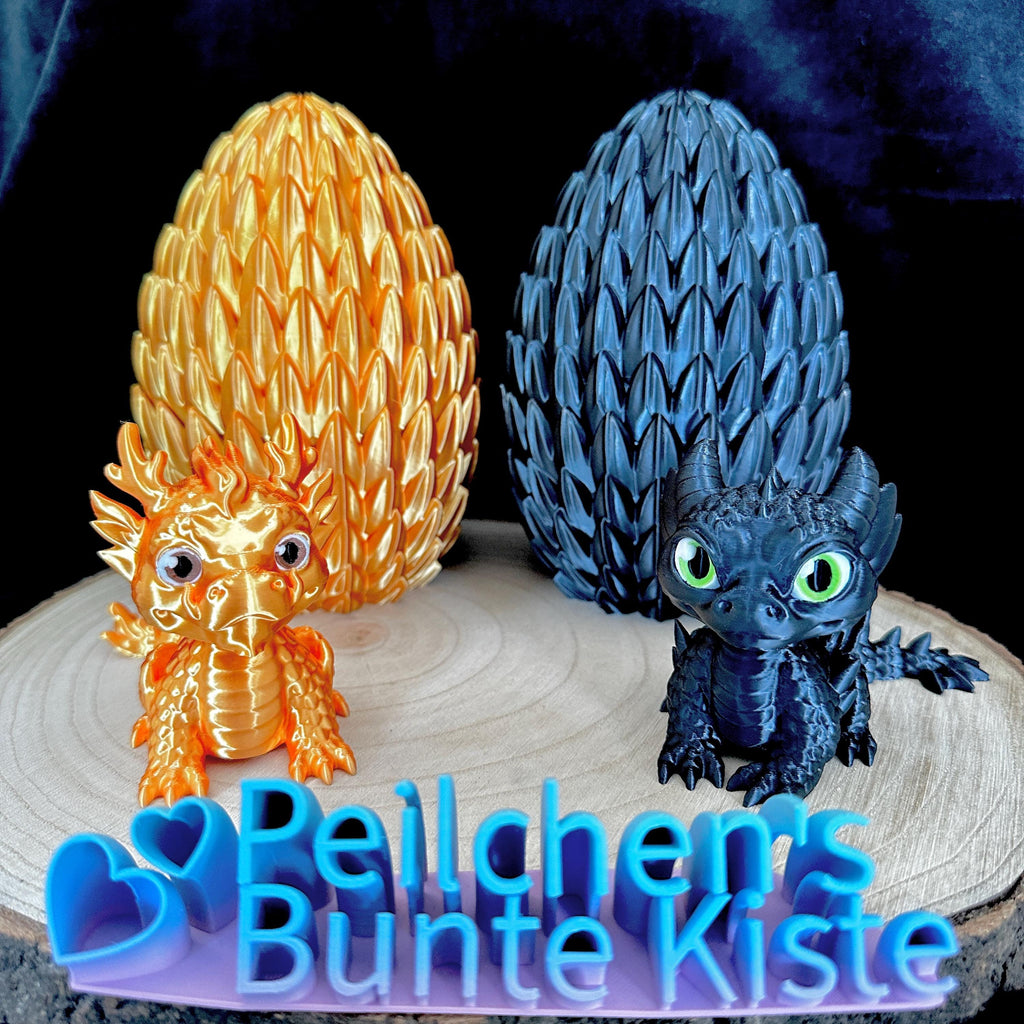 3D‑gedruckter Baby-Drache im Ei – beweglicher Kopf & Schwanz | Grün, Gold, Rot, Schwarz | Unikat Deko u.Geschenkidee