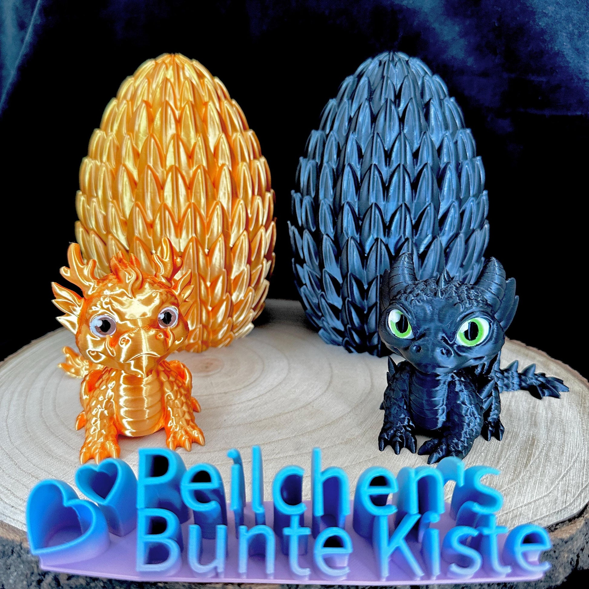 3D‑gedruckter Baby-Drache im Ei – beweglicher Kopf & Schwanz | Grün, Gold, Rot, Schwarz | Unikat Deko u.Geschenkidee