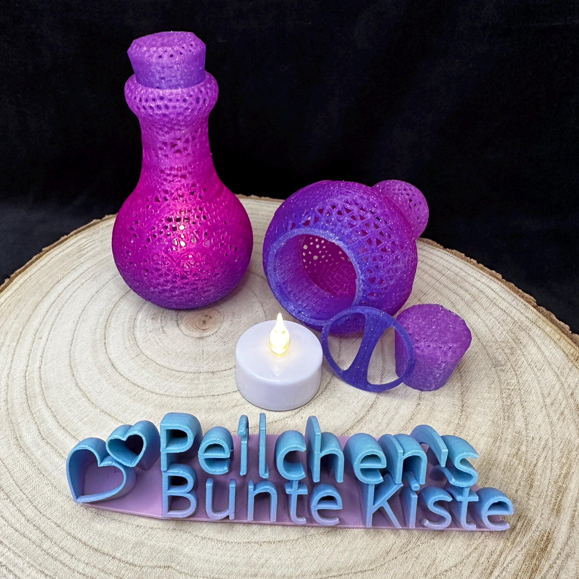 Liebestrank Lampe LED | Glitzer Lampe lila pink | Farbverlauf Nachtlicht | Geschenk Unikat | 3D Druck Fantasy Dekolicht