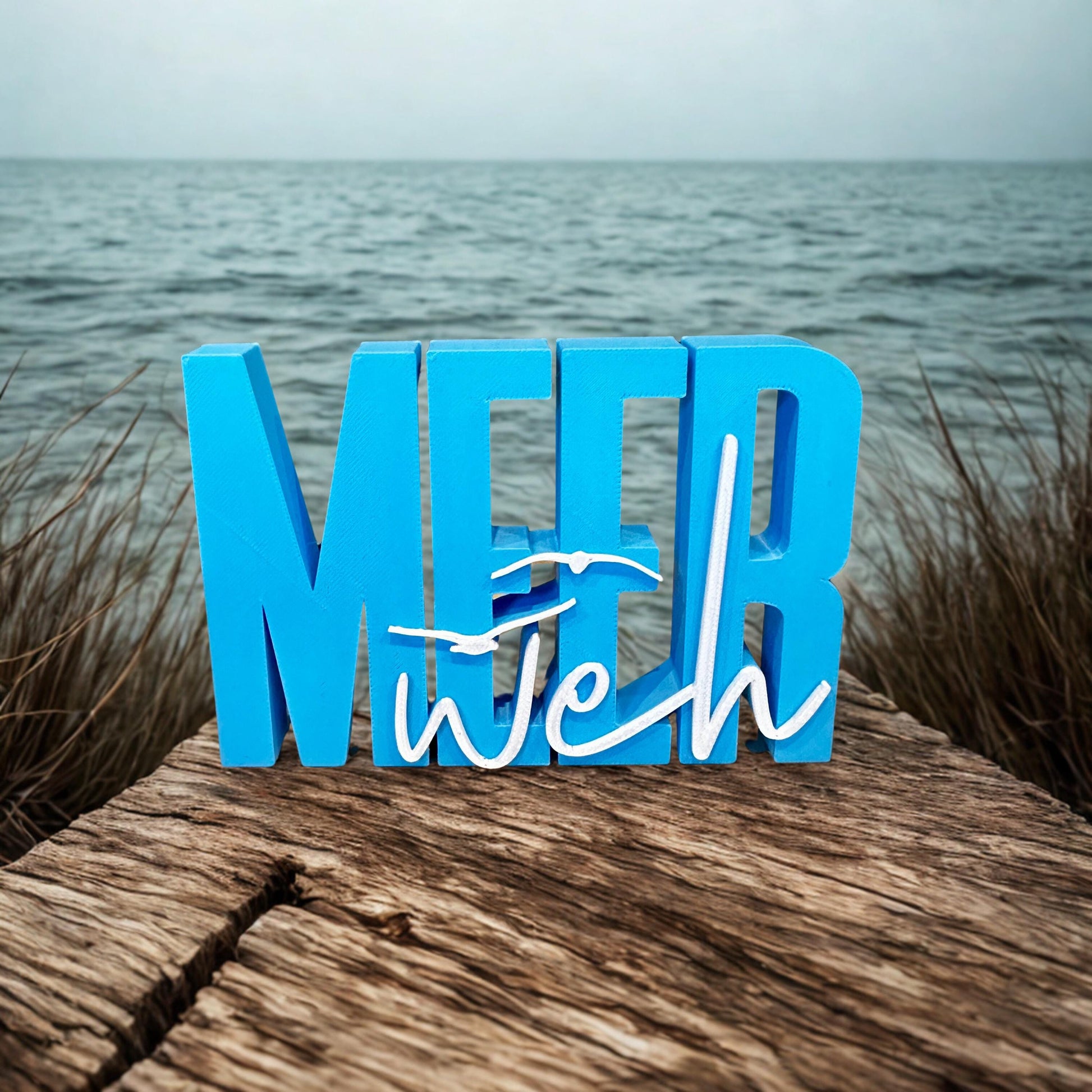 Deko-Schriftzug „Meerweh“ – Maritimes 3D-Dekoelement für Urlaubsfeeling Zuhause | Handgemachte Deko aus dem 3D-Drucker Personalisierbar