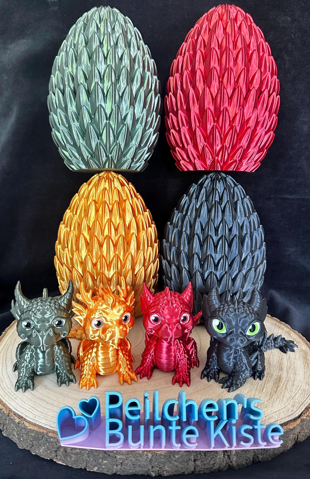 3D‑gedruckter Baby-Drache im Ei – beweglicher Kopf & Schwanz | Grün, Gold, Rot, Schwarz | Unikat Deko u.Geschenkidee