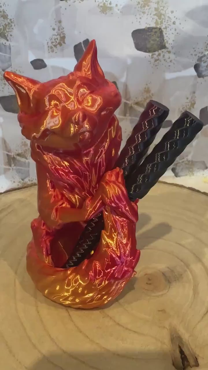 Fuchs-Stiftehalter Schreibtisch Organizer aus glänzendem Silk-PLA in Rot-Orange u. Gold 2 Varianten | 3D-Druck | 17 cm hoch